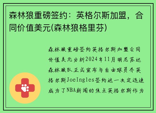 森林狼重磅签约：英格尔斯加盟，合同价值美元(森林狼格里芬)