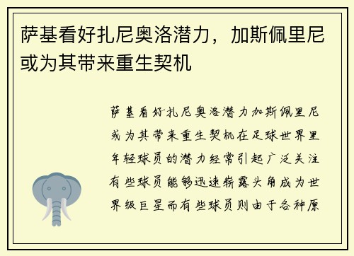 萨基看好扎尼奥洛潜力，加斯佩里尼或为其带来重生契机