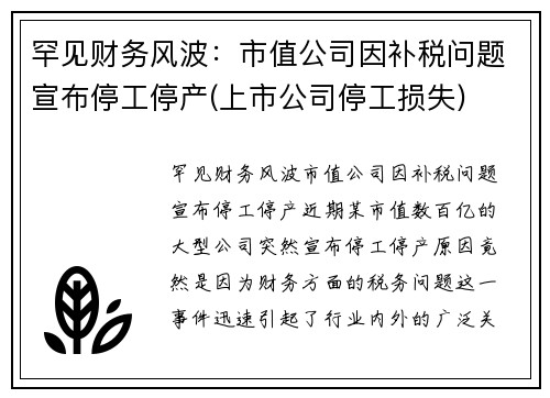 罕见财务风波：市值公司因补税问题宣布停工停产(上市公司停工损失)
