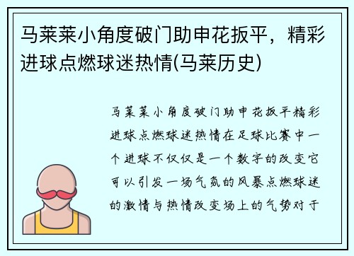 马莱莱小角度破门助申花扳平，精彩进球点燃球迷热情(马莱历史)