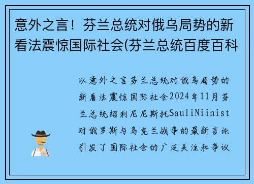 意外之言！芬兰总统对俄乌局势的新看法震惊国际社会(芬兰总统百度百科)